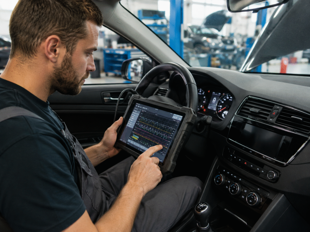 Mechanic sitting in the driver's seat of a car in a workshop, using a rugged tablet to read engine diagnostic graphs on its screen.