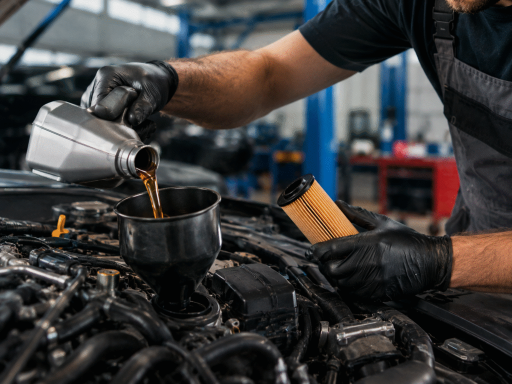 Mechanic wearing gloves pours engine oil into a car engine, holding an oil filter in the other hand in a workshop.