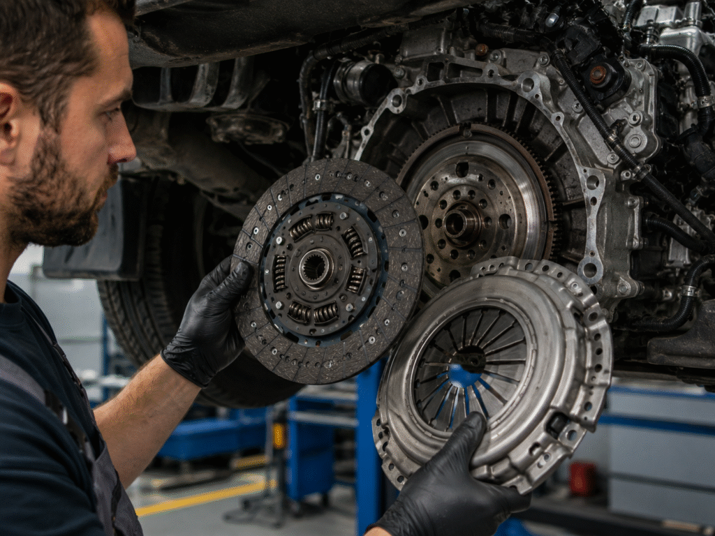 Mechanic in gloves holds a clutch disc and pressure plate near a car’s exposed transmission for repair.