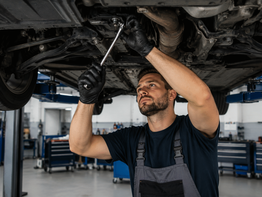 Mechanic wearing gloves and overalls tightening a bolt under a car on a hydraulic lift in an automotive repair shop