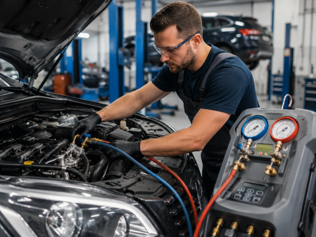 Auto mechanic wearing safety glasses and gloves tests car air conditioning with a manifold gauge set under the hood, in a workshop.