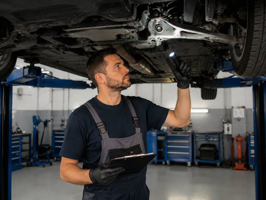 Male mechanic inspecting the underside of a car on a lift, flashlight in hand, clipboard ready for notes in a workshop.