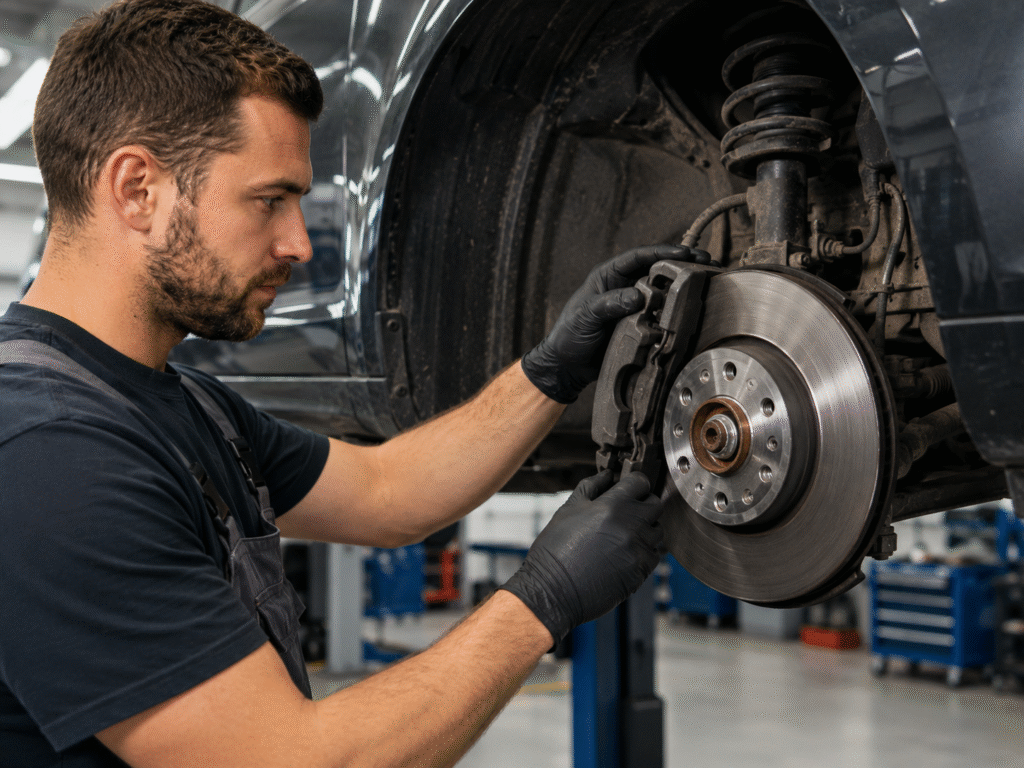 Male mechanic in black gloves works on a car's brake rotor and caliper while the vehicle is on a lift in a workshop